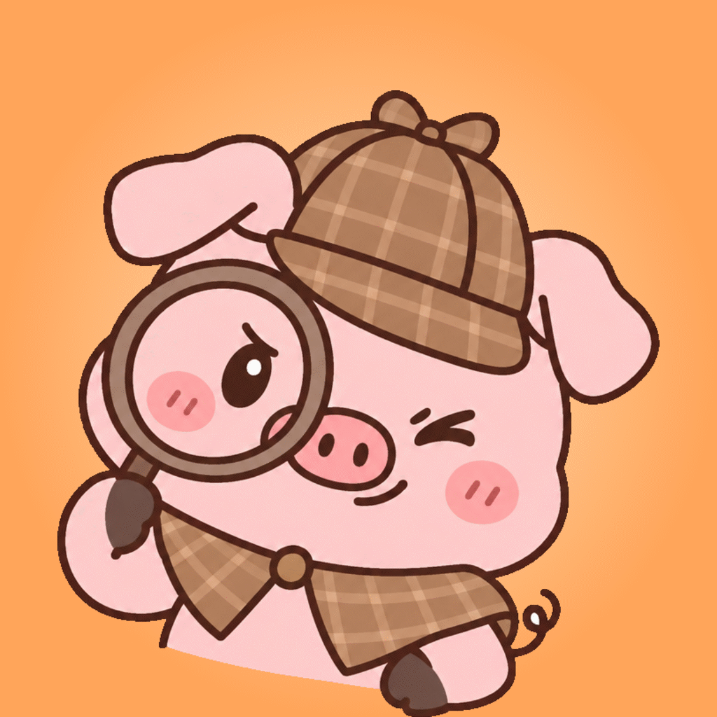 Oink, our pig mascot, in a detective's deerstalker cap